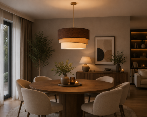 DEVON Duolla to designerska lampa wisząca inspirowana naturalnymi kolorami ziemi. Trójwarstwowy abażur z miękkiego zamszu nadaje wnętrzu elegancji, a złote wnętrze pięknie podkreśla ciepły charakter światła.