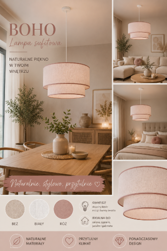 BOHO 1xE27 to stylowa lampa wisząca inspirowana naturą. Naturalna juta, jasna kolorystyka i minimalistyczna forma sprawiają, że doskonale wpisuje się w aranżacje japandi, rustykalne oraz nowoczesne.