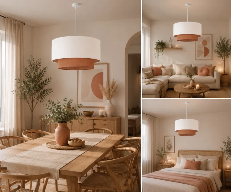 BOHO Duolla to elegancka lampa wisząca wykonana z wysokiej jakości tkaniny i naturalnej juty. Jasna kolorystyka oraz subtelna forma sprawiają, że idealnie pasuje do salonu, jadalni, sypialni i restauracji.