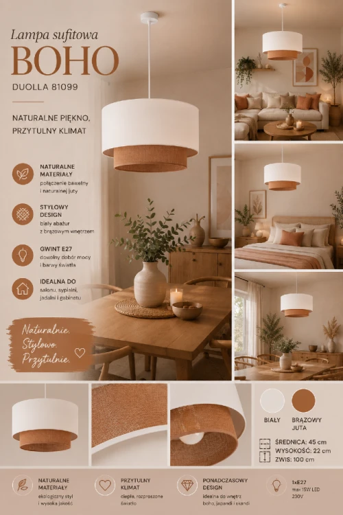 Szukasz naturalnego oświetlenia do swojego wnętrza? Lampa BOHO 81099 łączy modny design z funkcjonalnością. Abażur delikatnie rozprasza światło, tworząc ciepłą i relaksującą atmosferę każdego dnia.