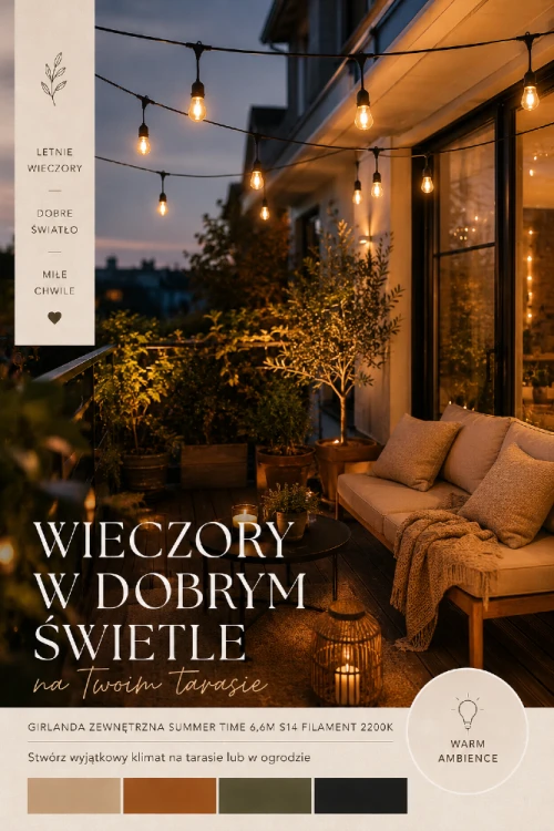 Stwórz przytulną atmosferę podczas letnich wieczorów dzięki girlandzie Summer Time 2200K. Długość 6,6 m, 10 punktów świetlnych LED oraz odporność IP44 sprawiają, że doskonale sprawdzi się w ogrodzie, altanie i na tarasie.