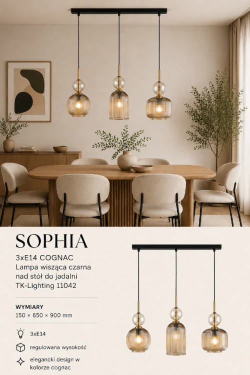 Stylowa lampa wisząca TK-Lighting SOPHIA 11042 posiada trzy szklane klosze cognac oraz złote detale. Idealna do nowoczesnych aranżacji nad stół, wyspę lub do eleganckiego salonu. Możliwość zastosowania żarówek LED E14.