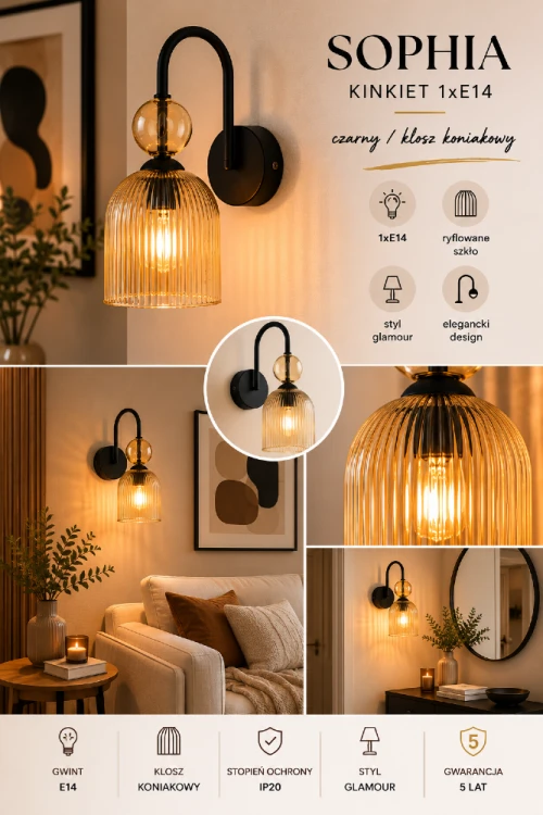 Kinkiet SOPHIA 1xE14 czarny z ryflowanym kloszem cognac doskonale podkreśli elegancki charakter wnętrza. Designerska forma i ciepłe światło tworzą wyjątkową atmosferę w salonie lub sypialni.
