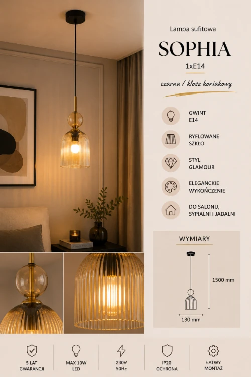 Stylowa lampa wisząca SOPHIA TK-Lighting 11039 posiada dekoracyjny klosz ze szkła ryflowanego oraz oprawkę E14 LED. Idealna do wnętrz glamour, loft i modern classic nad blat lub stół.