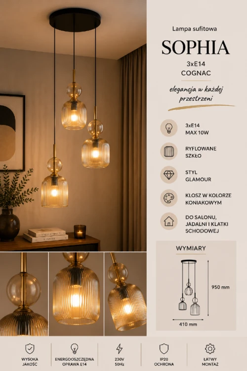 Lampa SOPHIA 3xE14 Cognac to designerskie oświetlenie typu kaskada z ryflowanym szkłem i złotymi detalami. Doskonale prezentuje się w wysokich wnętrzach, salonach oraz przy schodach.