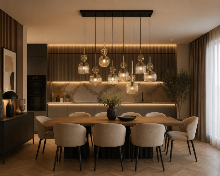 Nowoczesna lampa SOPHIA 8xE14 z dekoracyjnymi kloszami cognac tworzy wyjątkowy klimat we wnętrzu. Styl glamour i eleganckie wykończenie doskonale sprawdzą się w wysokich i reprezentacyjnych przestrzeniach.