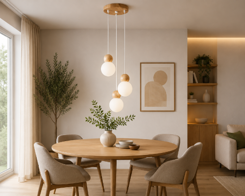 Skandynawska lampa wisząca PEKKA zachwyca prostotą i naturalnym wyglądem. Białe szklane klosze subtelnie rozpraszają światło, a drewniane detale dodają wnętrzu ciepła. Idealna do aranżacji japandi, boho i nowoczesnych