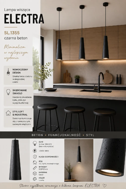 ELECTRA SL.1355 łączy trwałość betonu z elegancką, minimalistyczną formą. Dzięki kompaktowym wymiarom świetnie prezentuje się pojedynczo lub w zestawie kilku lamp zawieszonych nad wyspą kuchenną i blatem roboczym.