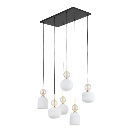 Lampa sufitowa SOPHIA COGNAC TK Lighting 11594 zachwyca połączeniem białych ryflowanych kloszy, szklanych kul w kolorze cognac i złotych detali. Sześć oprawek E14 zapewnia efektowne oświetlenie jadalni, salonu lub kuchni w eleganckim stylu.