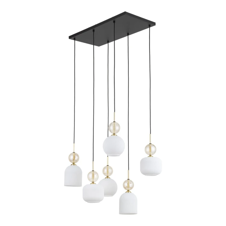 Lampa sufitowa SOPHIA COGNAC TK Lighting 11594 zachwyca połączeniem białych ryflowanych kloszy, szklanych kul w kolorze cognac i złotych detali. Sześć oprawek E14 zapewnia efektowne oświetlenie jadalni, salonu lub kuchni w eleganckim stylu.