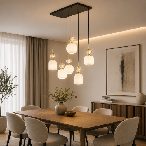 SOPHIA COGNAC 6xE14 to designerska lampa wisząca stworzona do nowoczesnych wnętrz. Białe klosze, dekoracyjne kule cognac oraz regulowane zawieszenie tworzą wyjątkową kompozycję nad stołem, wyspą kuchenną lub w salonie.