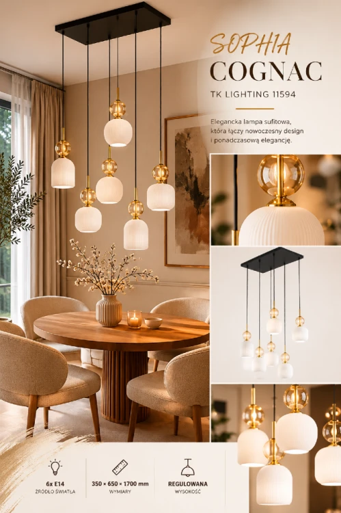Elegancka lampa sufitowa SOPHIA COGNAC marki TK Lighting łączy modny design z funkcjonalnością. Sześć punktów świetlnych E14 oraz efektowna kaskadowa forma sprawiają, że staje się ozdobą każdego nowoczesnego wnętrza.