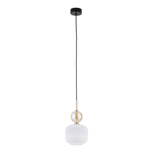 Lampa wisząca SOPHIA TK Lighting 11589 zachwyca połączeniem białego ryflowanego klosza, szklanej kuli cognac i złotych detali. Idealnie sprawdzi się nad stołem, wyspą kuchenną lub jako dekoracyjne oświetlenie salonu i sypialni.