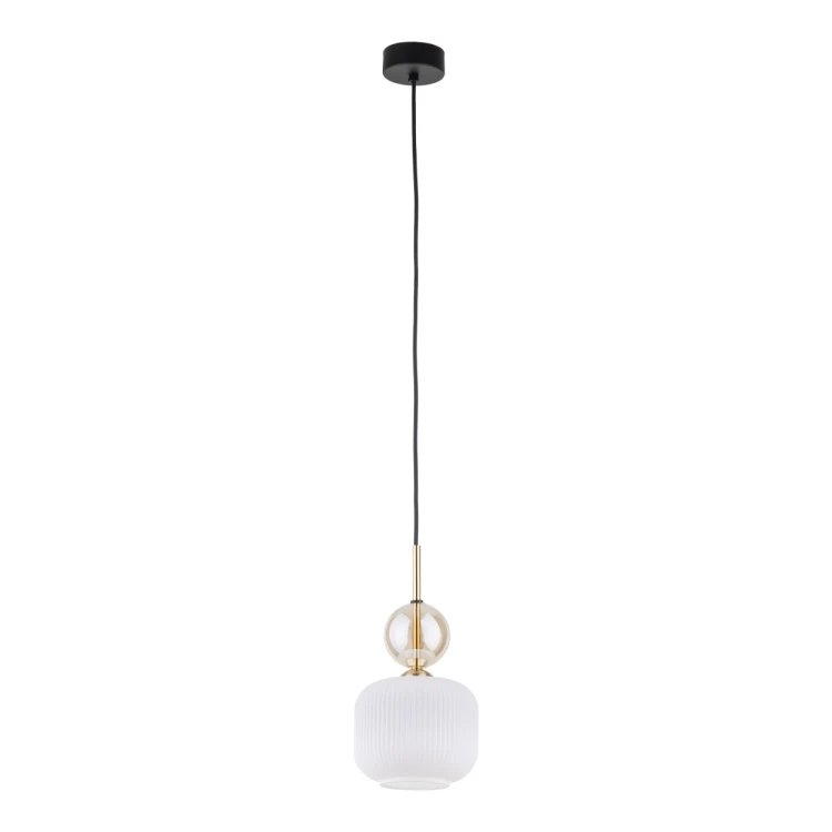 Lampa wisząca SOPHIA TK Lighting 11589 zachwyca połączeniem białego ryflowanego klosza, szklanej kuli cognac i złotych detali. Idealnie sprawdzi się nad stołem, wyspą kuchenną lub jako dekoracyjne oświetlenie salonu i sypialni.
