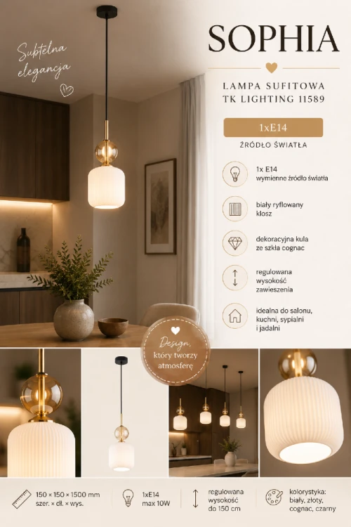 Nowoczesna lampa wisząca SOPHIA 11589 wyróżnia się elegancką formą i starannym wykonaniem. Połączenie czerni, złota, bieli i szkła cognac sprawia, że świetnie pasuje do wnętrz glamour, modern classic oraz japandi.