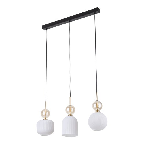 Lampa sufitowa SOPHIA 3xE14 Cognac TK Lighting 11591 zachwyca eleganckim połączeniem białych ryflowanych kloszy, szklanych kul cognac i złotych detali. Idealna nad stół w jadalni, wyspę kuchenną lub do nowoczesnego salonu