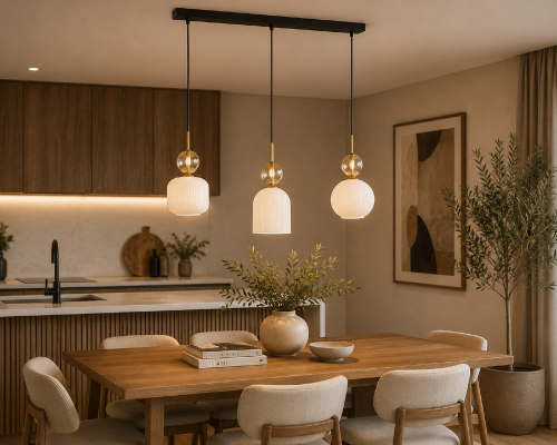 SOPHIA 3xE14 to designerska lampa wisząca na czarnej listwie, która doskonale oświetli stół lub blat kuchenny. Trzy dekoracyjne klosze oraz szklane kule w kolorze cognac tworzą efektowną ozdobę nowoczesnego wnętrza.