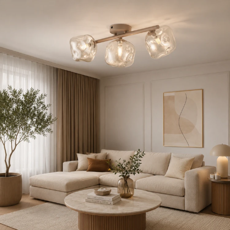 Plafon LAVIA Sabia TK Lighting wyróżnia się niepowtarzalnymi kloszami o miękkich, organicznych kształtach. Trzy źródła światła G9 zapewniają komfortowe oświetlenie, a beżowa oprawa doskonale komponuje się z naturalnymi dodatkami.