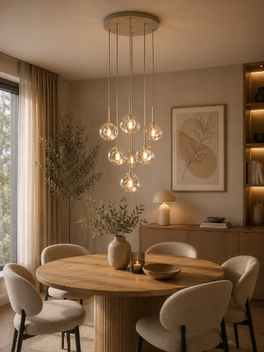 Designerska lampa LAVA Sabia 11329 to wyjątkowa dekoracja wnętrza. Siedem kloszy ze szkła tworzy efektowną kompozycję świetlną, która doskonale sprawdzi się nad stołem, schodami lub w wysokim holu.