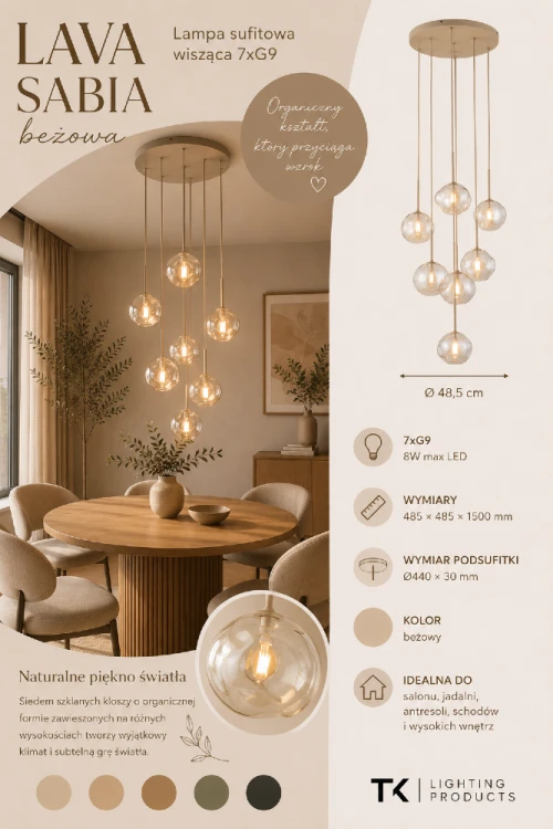 Lampa sufitowa LAVA Sabia 7xG9 to połączenie funkcjonalności i designerskiego wzornictwa. Organiczne szklane klosze tworzą dekoracyjną instalację świetlną idealną do nowoczesnych aranżacji.