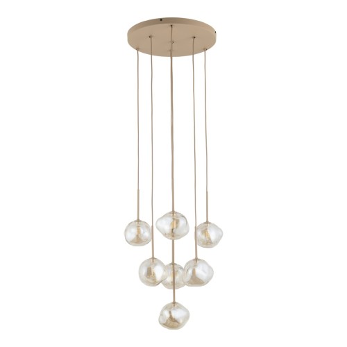 Lampa wisząca LAVA Sabia 7xG9 TK Lighting zachwyca siedmioma szklanymi kloszami zawieszonymi na różnych wysokościach. Beżowa kolorystyka i organiczne formy idealnie wpisują się w nowoczesne wnętrza salonu, jadalni oraz antresoli.