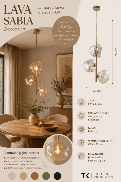 Szukasz designerskiej lampy nad stół? Model LAVA Sabia 3xG9 wyróżnia się organicznymi szklanymi kloszami oraz lekką formą. Doskonale sprawdzi się w nowoczesnej jadalni, salonie lub przy wyspie kuchennej.