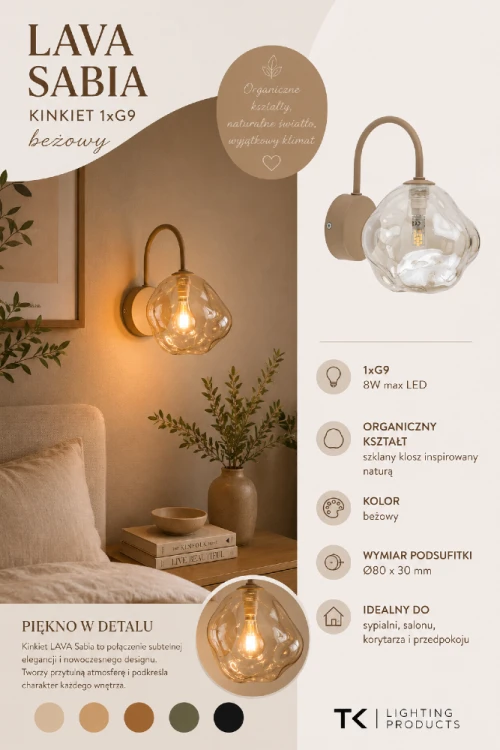 Beżowy kinkiet LAVA Sabia 11152 to połączenie nowoczesnego designu i inspiracji naturą. Nieregularny klosz ze szkła pięknie rozprasza światło, podkreślając charakter wnętrz urządzonych w stylu japandi i skandynawskim.