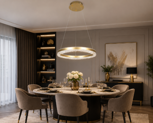 Nowoczesna lampa PRECIOSA Ring LED 52W to połączenie luksusowego designu i funkcjonalności. Średnica 60 cm, regulowana wysokość oraz barwa światła 4000K sprawiają, że doskonale sprawdzi się nad stołem lub w reprezentacyjnym salonie.