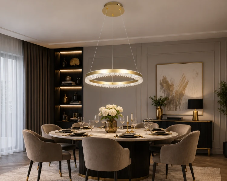 Nowoczesna lampa PRECIOSA Ring LED 52W to połączenie luksusowego designu i funkcjonalności. Średnica 60 cm, regulowana wysokość oraz barwa światła 4000K sprawiają, że doskonale sprawdzi się nad stołem lub w reprezentacyjnym salonie.