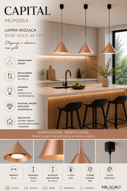 Nowoczesna lampa CAPITAL 1xGX53 w kolorze Rose Gold to idealne połączenie minimalistycznego designu i funkcjonalności. Regulowana wysokość zawieszenia pozwala dopasować oświetlenie do kuchni, jadalni, salonu oraz restauracji.