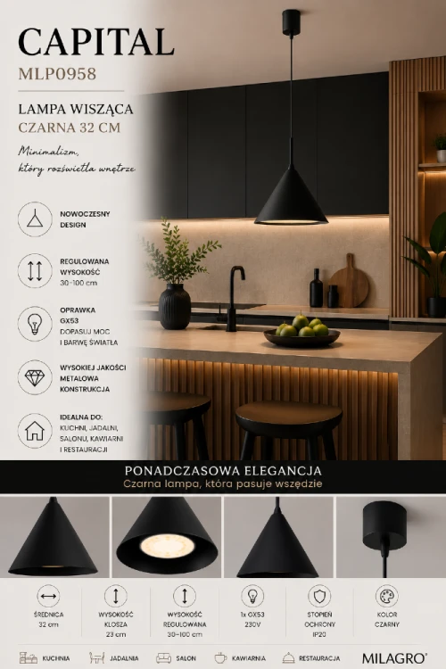 Nowoczesna lampa wisząca Milagro MLP0958 została wykonana z trwałego metalu i wykończona w eleganckim czarnym kolorze. To doskonały wybór do kuchni, jadalni, salonu, restauracji oraz nowoczesnej kawiarni.