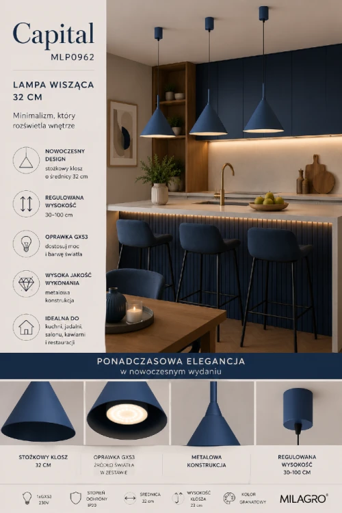 Lampa CAPITAL Navy Blue 32 cm świetnie sprawdzi się jako oświetlenie wyspy kuchennej, blatu oraz stołu w jadalni. Głęboki niebieski kolor nadaje wnętrzu elegancji i stanowi ciekwy akcent dekoracyjny.