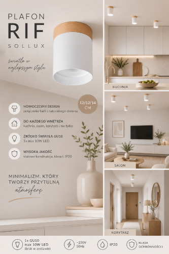 Szukasz minimalistycznego oświetlenia? Plafon RIF Sollux łączy białą stal z naturalnym drewnem, tworząc ponadczasową dekorację sufitu. Idealny do wnętrz skandynawskich, japandi i nowoczesnych. Pasuje do kuchni oraz salonu.