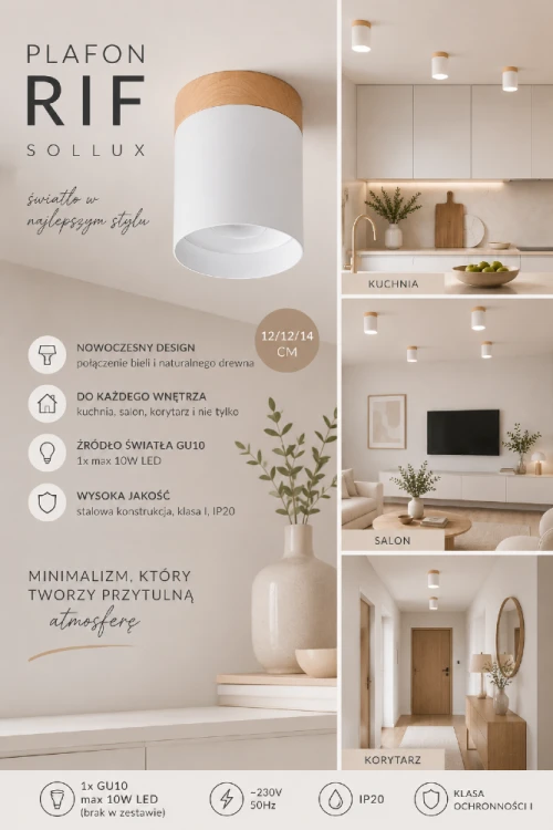 Szukasz minimalistycznego oświetlenia? Plafon RIF Sollux łączy białą stal z naturalnym drewnem, tworząc ponadczasową dekorację sufitu. Idealny do wnętrz skandynawskich, japandi i nowoczesnych. Pasuje do kuchni oraz salonu.
