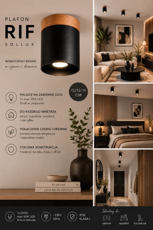 Nowoczesna lampa sufitowa RIF SL.1349 marki Sollux zachwyca prostą formą i modnym zestawieniem czerni z naturalnym drewnem. Doskonały wybór do salonu, sypialni, przedpokoju oraz domowego biura urządzonego w nowoczesnym stylu.