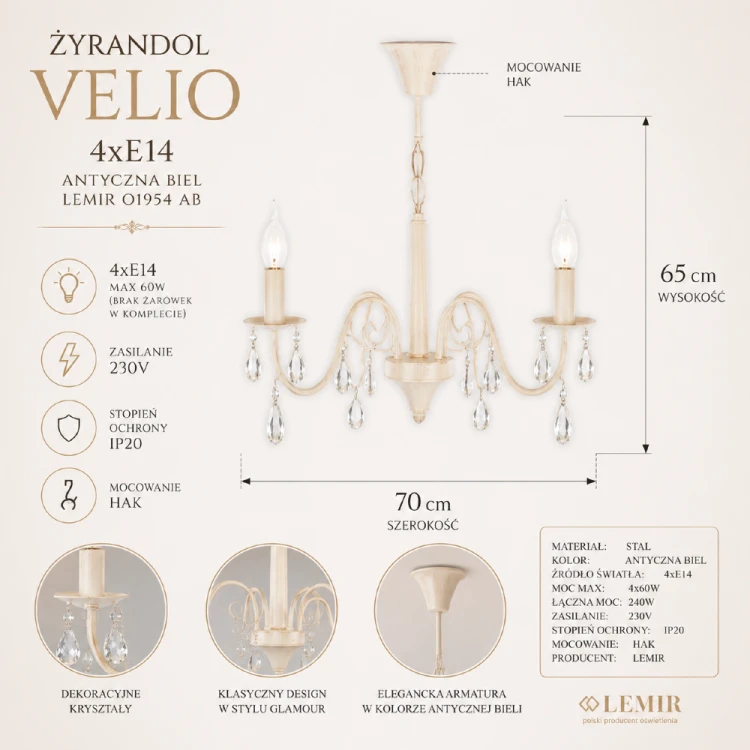 Żyrandol VELIO 4xE14 w kolorze antycznej bieli doskonale komponuje się z aranżacjami glamour, vintage i prowansalskimi. Kryształowe elementy pięknie odbijają światło, tworząc przytulny klimat i wyjątkowy efekt wizualny.