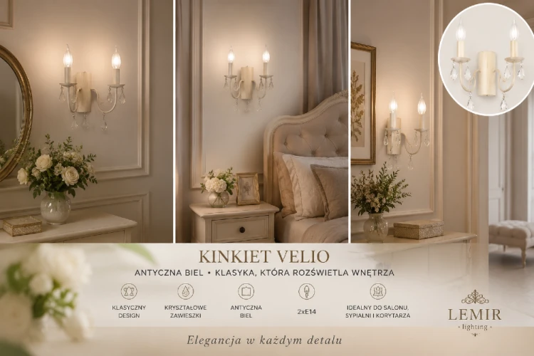 VELIO 2xE14 to dekoracyjny kinkiet ścienny idealny do sypialni, salonu lub przedpokoju. Antyczna biel i kryształowe zawieszki tworzą wyjątkową kompozycję, która dodaje wnętrzu luksusu i przytulności.