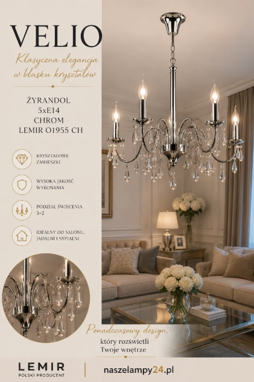 Lampa wisząca VELIO O1955 CH marki Lemir doskonale komponuje się z aranżacjami glamour, nowojorskimi i modern classic. Kryształowe detale pięknie odbijają światło, tworząc wyjątkowy klimat w pomieszczeniu.