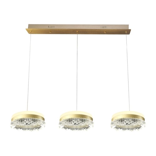 Lampa wisząca PRECIOSA ML1894 w złotym kolorze to eleganckie oświetlenie nad stół lub wyspę kuchenną. Trzy kryształowe klosze, moc 60W LED, neutralna barwa 4000K i strumień 4800 lm zapewniają komfortowe światło oraz wyjątkowy wygląd wnętrza