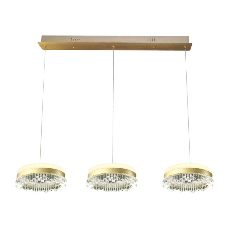 Lampa wisząca PRECIOSA ML1894 w złotym kolorze to eleganckie oświetlenie nad stół lub wyspę kuchenną. Trzy kryształowe klosze, moc 60W LED, neutralna barwa 4000K i strumień 4800 lm zapewniają komfortowe światło oraz wyjątkowy wygląd wnętrza