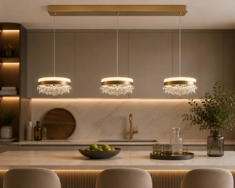 Elegancka lampa PRECIOSA 3x20W LED zachwyca połączeniem złota i kryształów. Neutralna barwa światła 4000K sprzyja codziennym czynnościom, a wysoki strumień świetlny 4800 lm zapewnia doskonałe doświetlenie jadalni lub kuchni.