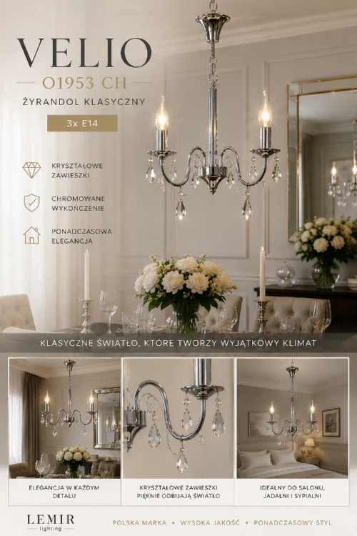 Lampa sufitowa VELIO O1953 CH doskonale wpisuje się w aranżacje glamour, nowojorskie i modern classic. Kryształowe zawieszki pięknie odbijają światło, tworząc wyjątkowy klimat w salonie, jadalni lub reprezentacyjnym holu.