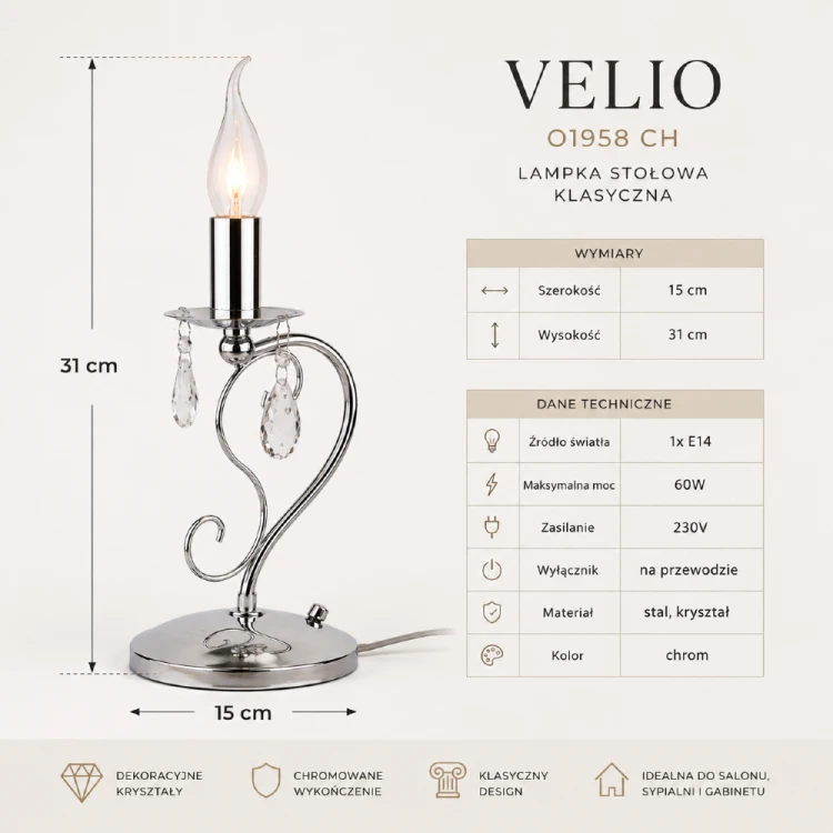 Szukasz stylowej lampki na stolik nocny? VELIO O1958 CH marki Lemir to ponadczasowy model z chromowaną armaturą i kryształowymi zdobieniami. Doskonale komponuje się z klasycznymi oraz nowoczesnymi wnętrzami.