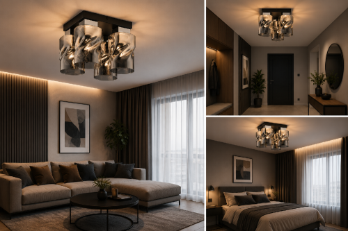 Lampa sufitowa MERU z czterema grafitowymi kloszami tworzy wyjątkowy efekt świetlny i stanowi elegancką dekorację wnętrza. Czarna oprawa z chromowanymi dodatkami idealnie komponuje się z aranżacjami nowoczesnymi i loftowymi.