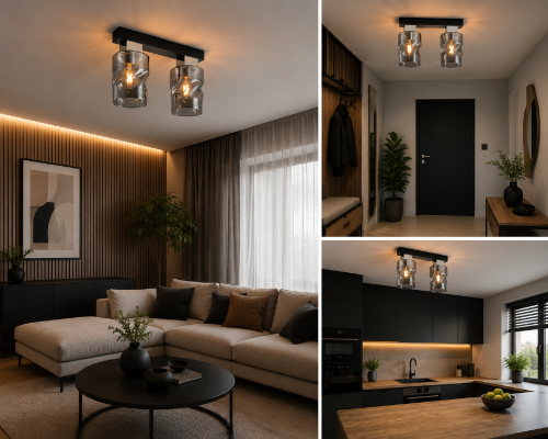 Lampa sufitowa MERU z dwoma grafitowymi kloszami subtelnie rozprasza światło i tworzy przyjemny klimat we wnętrzu. Połączenie czerni, chromu i szkła sprawia, że plafon doskonale pasuje do aranżacji loftowych i nowoczesnych.