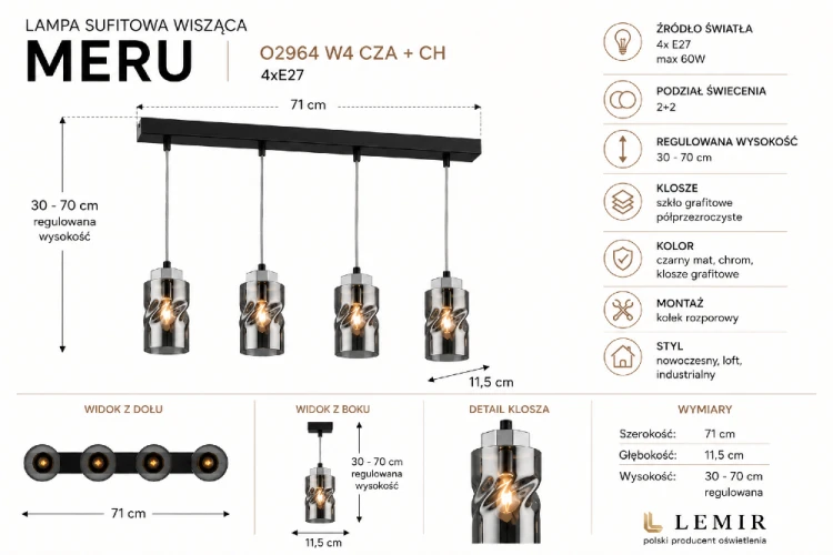 Nowoczesna lampa wisząca MERU 4xE27 to idealne rozwiązanie do jadalni, salonu i kuchni. Regulowana wysokość, grafitowe klosze oraz eleganckie połączenie czerni i chromu sprawiają, że lampa przyciąga uwagę i zdobi wnętrze.