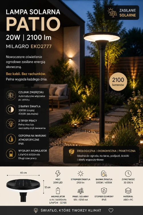 Nowoczesna lampa solarna Patio Milagro zapewnia aż 2100 lumenów światła oraz możliwość wyboru barwy 3000K lub 4000K. Dzięki klasie szczelności IP65 doskonale sprawdzi się przez cały rok w ogrodzie i wokół domu.