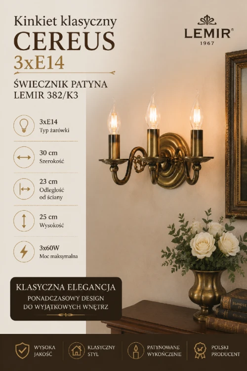 LEMIR CEREUS 3xE14 to klasyczny kinkiet ścienny inspirowany tradycyjnymi świecznikami. Solidna konstrukcja ze stali i odlewu ZNAL, elegancka patyna oraz ponadczasowy wygląd sprawiają, że lampa nie wychodzi z mody.