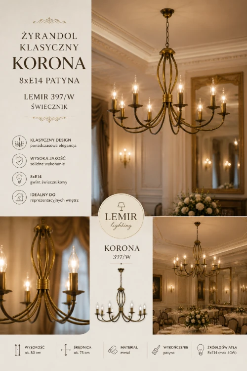 Stylowy żyrandol KORONA 397/W wykonany ze stali zachwyca ponadczasowym wzornictwem i eleganckim wykończeniem w kolorze patyny. Osiem źródeł światła E14 zapewnia komfortowe oświetlenie salonu, jadalni lub holu.