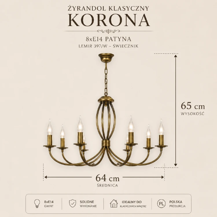 Klasyczna lampa sufitowa KORONA 8xE14 marki Lemir to połączenie polskiej jakości i tradycyjnego designu. Osiem ramion, dekoracyjna konstrukcja oraz patynowa kolorystyka tworzą wyjątkową ozdobę eleganckich wnętrz.